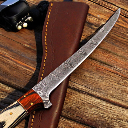 Handmade Damascus Fillet Knife with Antler Horn Handle
