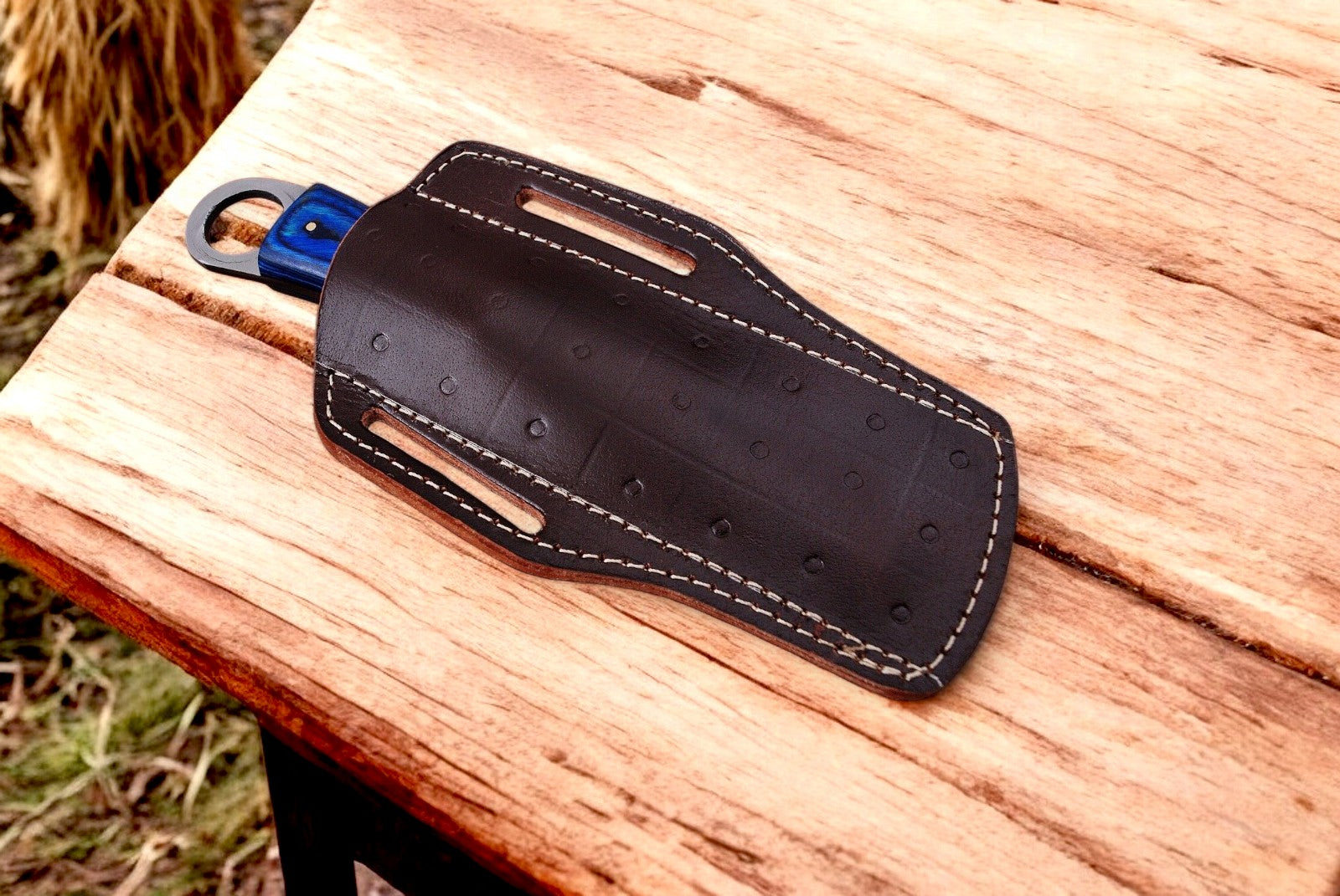 Bull Cutter Knife Displayed with Leather Sheath
