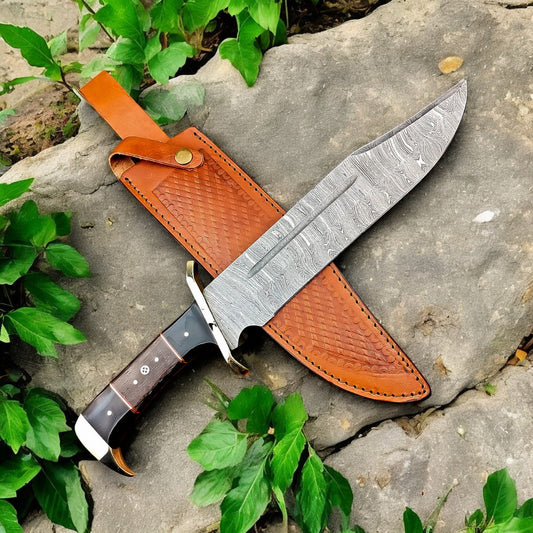 Handcrafted Bowie Knife with Damascus Steel Blade and Leather Sheath
