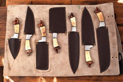 Custom handmade knife set in leather roll case
