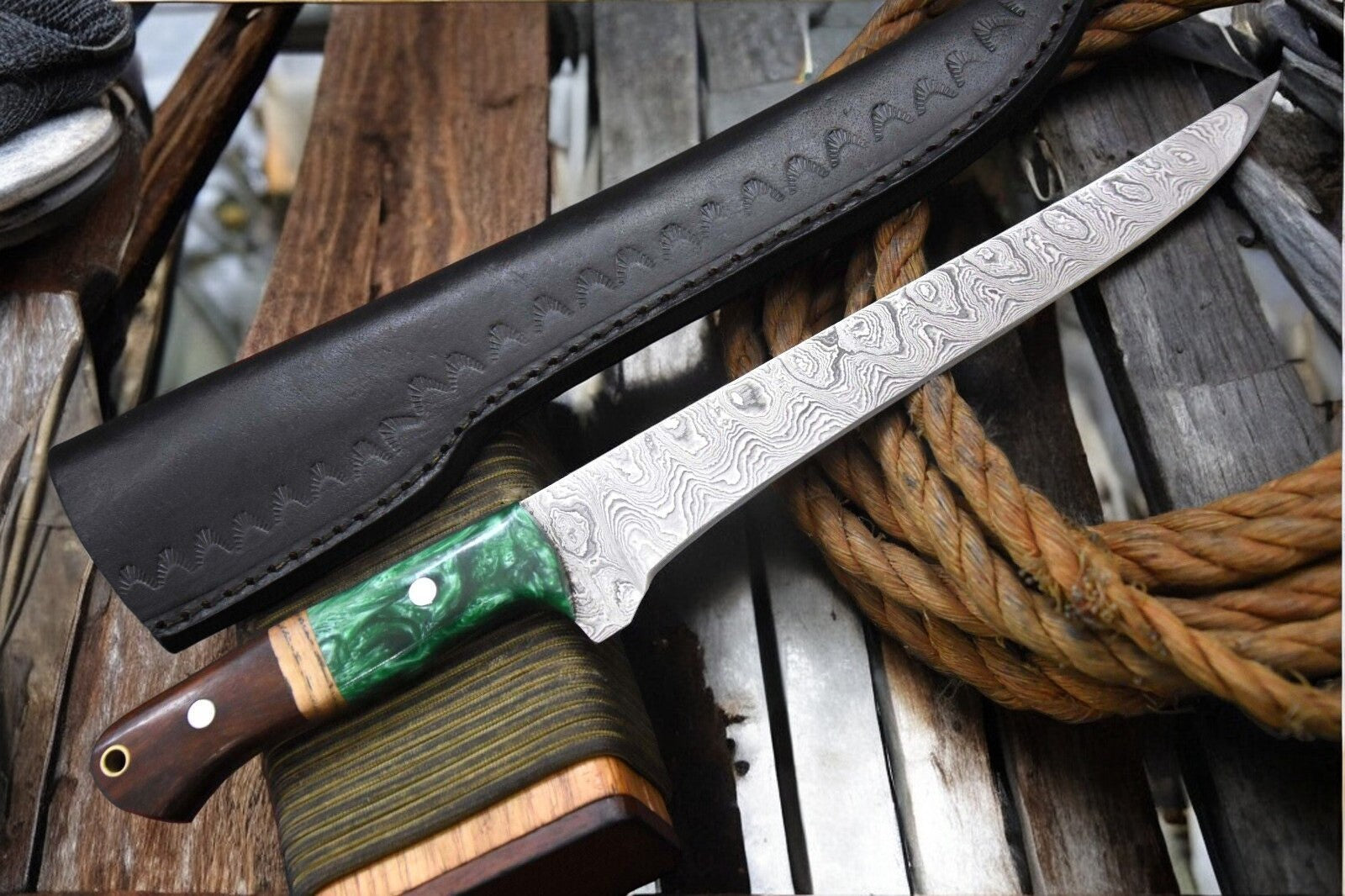 Hand Forged Fillet Knife with Leather Sheath Display
