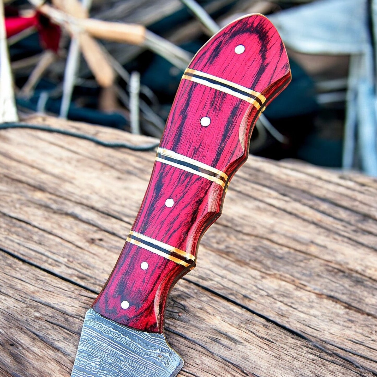 Red Wood Handle and Damascus Steel Blade Filleting Knife
