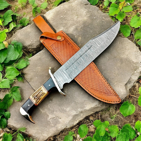 Custom handmade professional Bowie knife with Damascus steel blade
