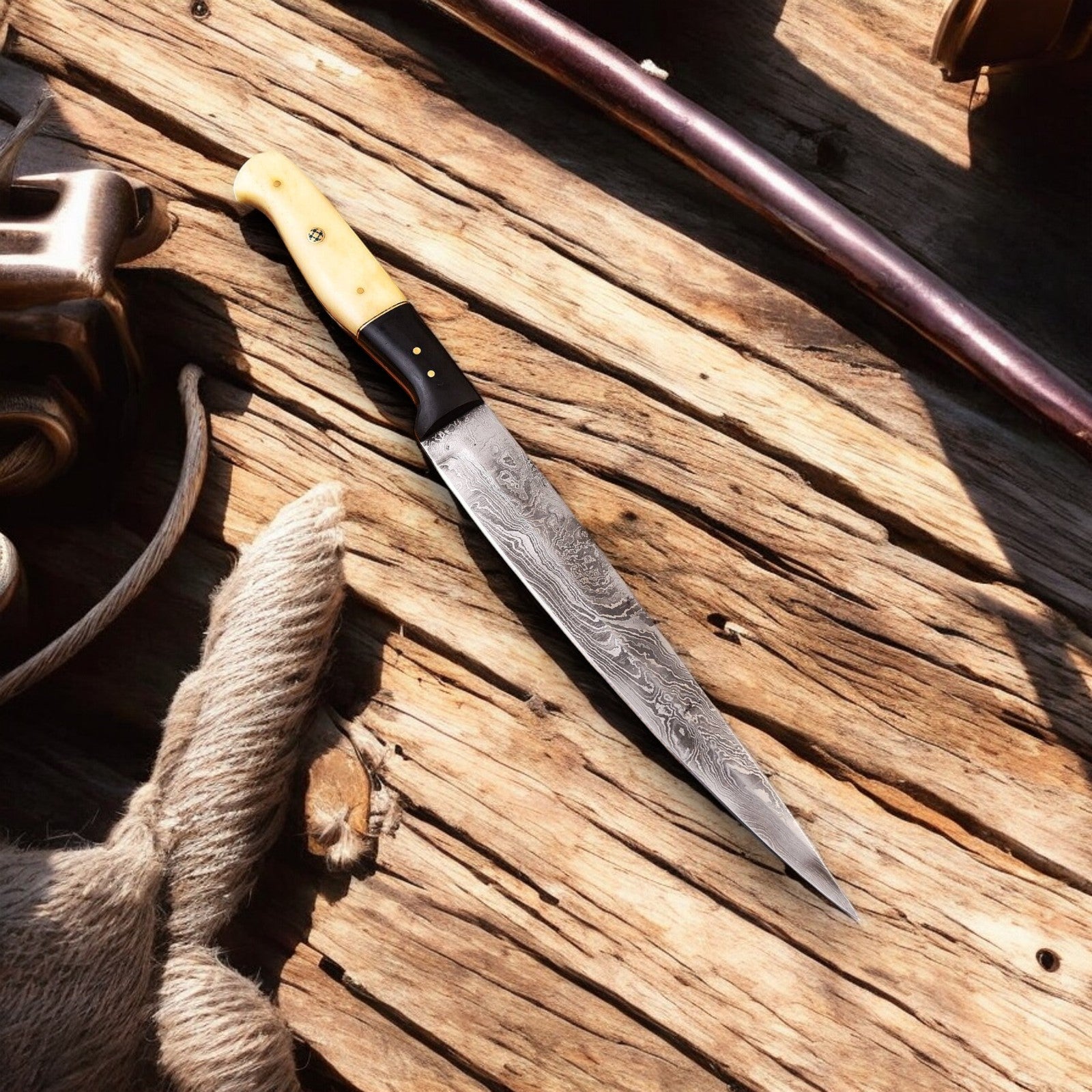 Handmade Damascus Filleting Knife with Buffalo & Bone Handle
