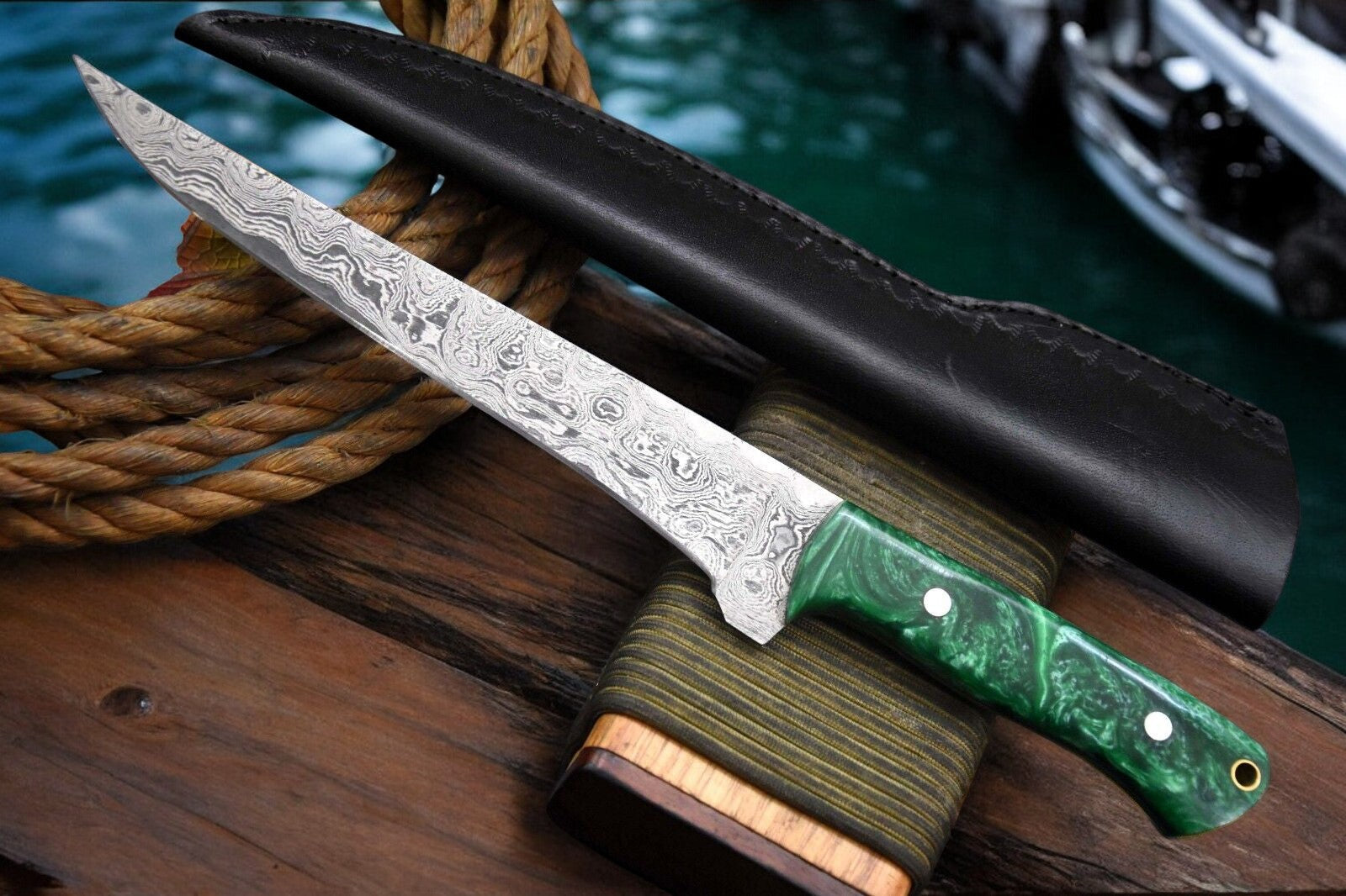 Close-up of Epoxy Resin Handle on Custom Fillet Knife
