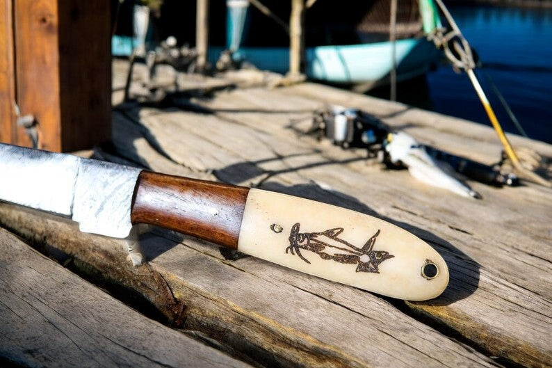 Damascus Steel Fillet Knife with Camel Bone and Rosewood Handle
