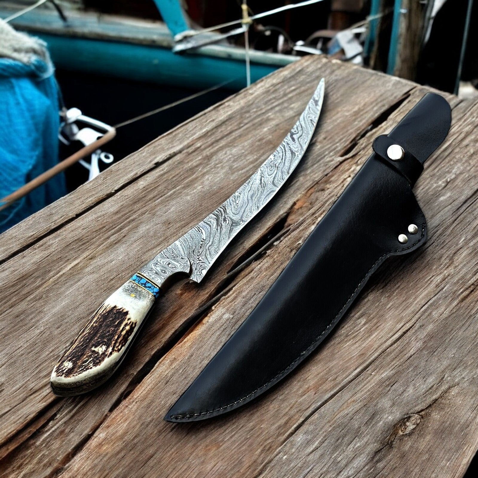 Custom Handmade Fillet Knife with Antler Horn Handle and Damascus Bolster
