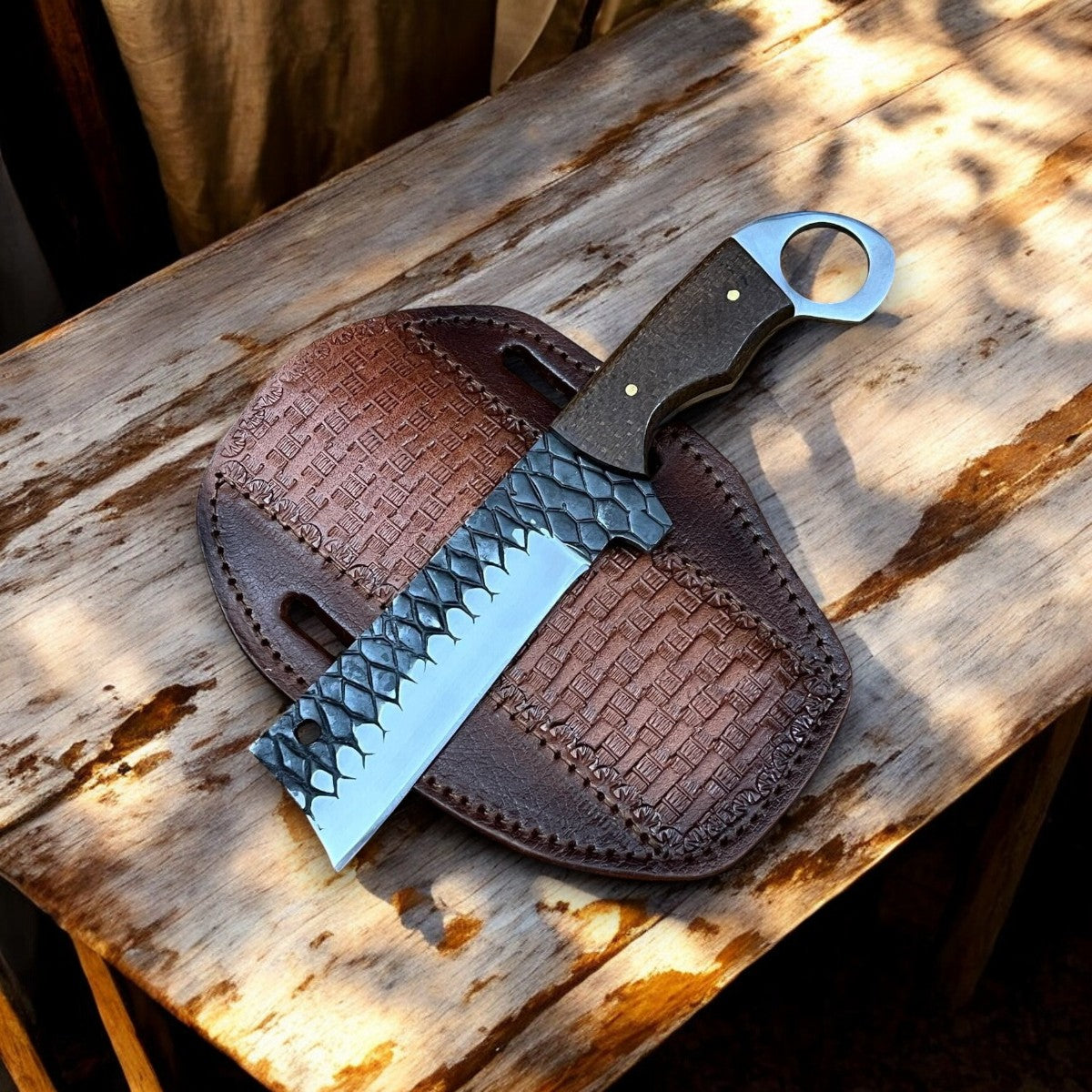 "Custom Bull Cutter Knife with Leather Sheath"
