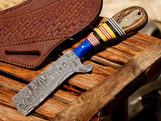 4-Inch Blade Damascus Steel Bull Cutter Knife with Leather Sheath

