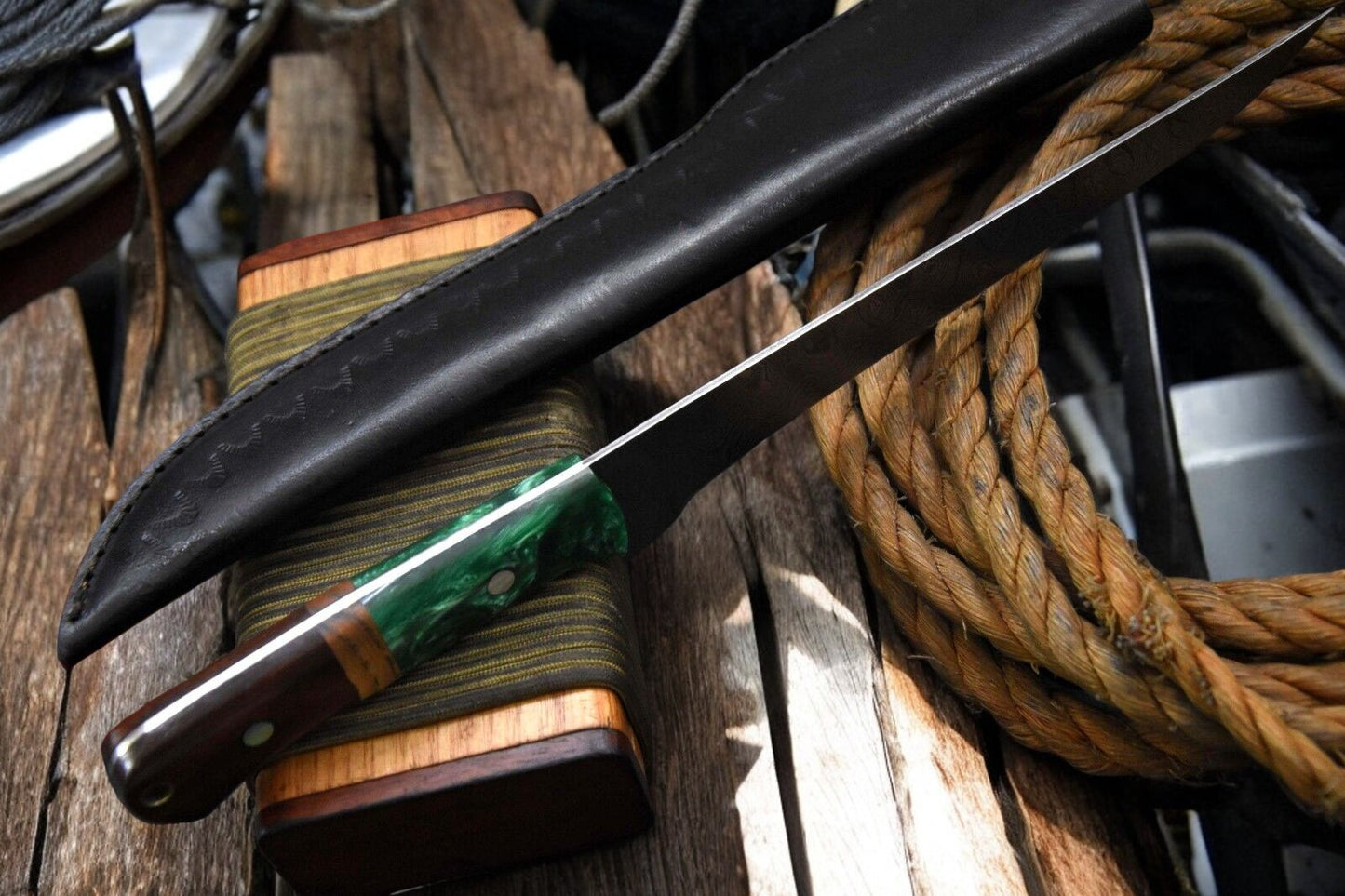 Detailed View of Epoxy Resin and Walnut Handle on Fillet Knife
