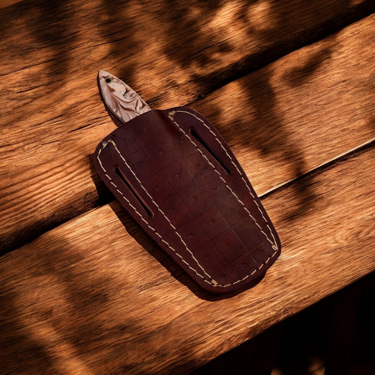 Full View of 8-inch Bull Cutter Knife with Custom Leather Sheath
