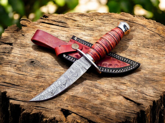 Stacked leather handle of Custom Damascus Bowie Knife
