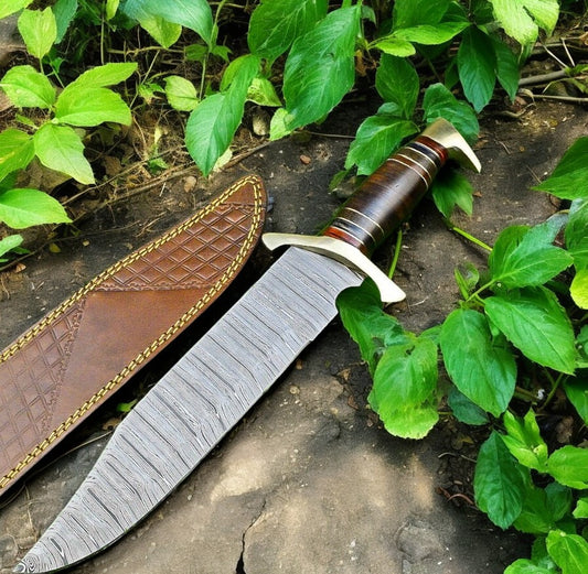 Close-up of the custom handmade Damascus blade on a High-Quality Bowie Knife
