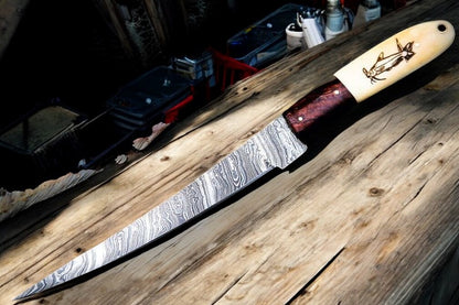 Custom Damascus Steel Fillet Knife with Rosewood Handle and Leather Sheath
