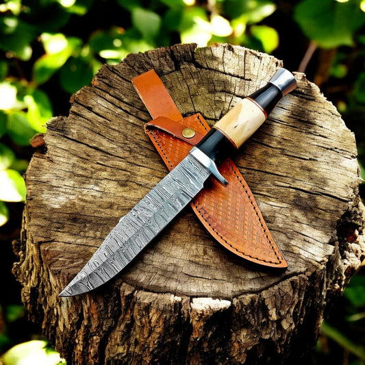 Side view of Custom Handmade Bowie Knife with Leather Sheath