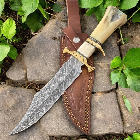 Close-up of Damascus Steel Blade on Bowie Knife
